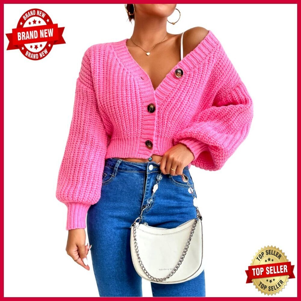 Chunky Cable Knit Crop Cardigan Sweater Button Up Long Sleeve Loose Fit